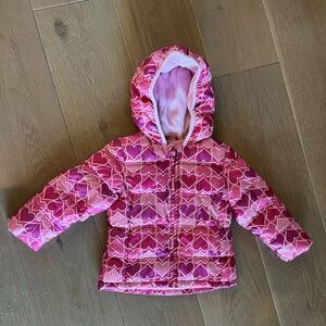 Pink Heart Patterned Hooded Puffer Jacket